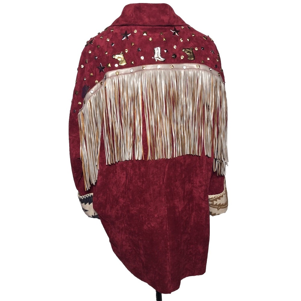 Josefina by Vero Solis Burgundy Fringe Stud Jacket Western Boho M B-58″ DAMAGED - Picture 6 of 16
